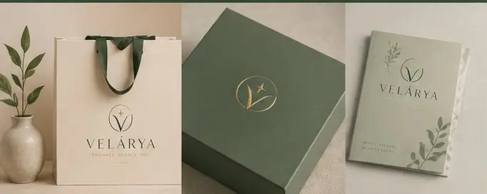 Velárya packaging suite: cream gift bag, forest green box with gold logo and sage ritual guide booklet