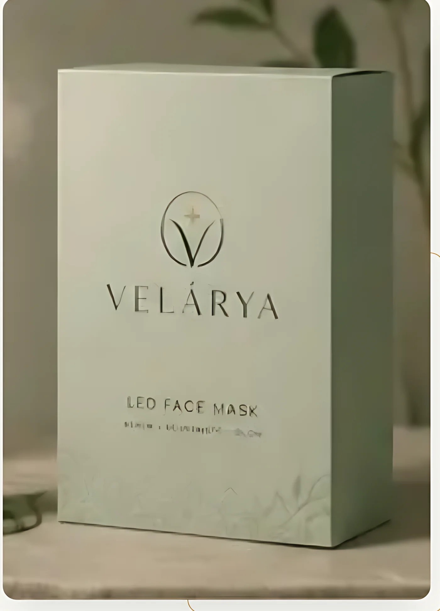 Velárya LED face mask presentation box in soft sage with botanical line art
