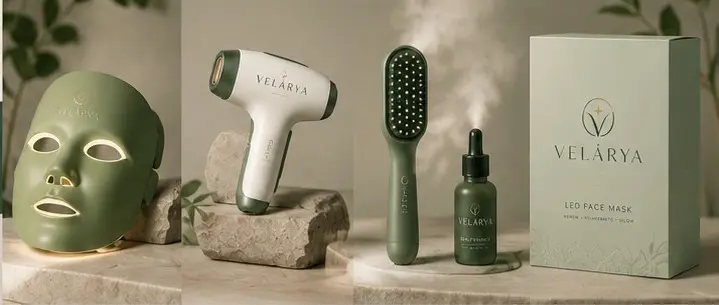 The Velárya product family: Halo LED face mask, Nova hair removal device, Mist vapor brush, Elixir botanical oil and packaging